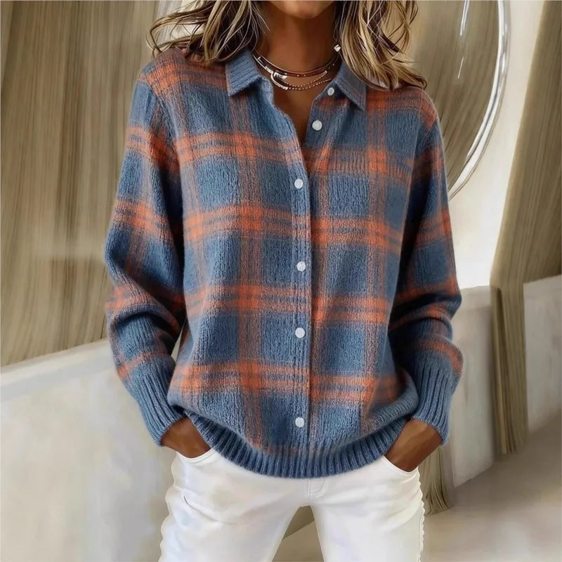 Damen Strickjacke mit Karomuster – Klassische Eleganz für Büro und Alltag