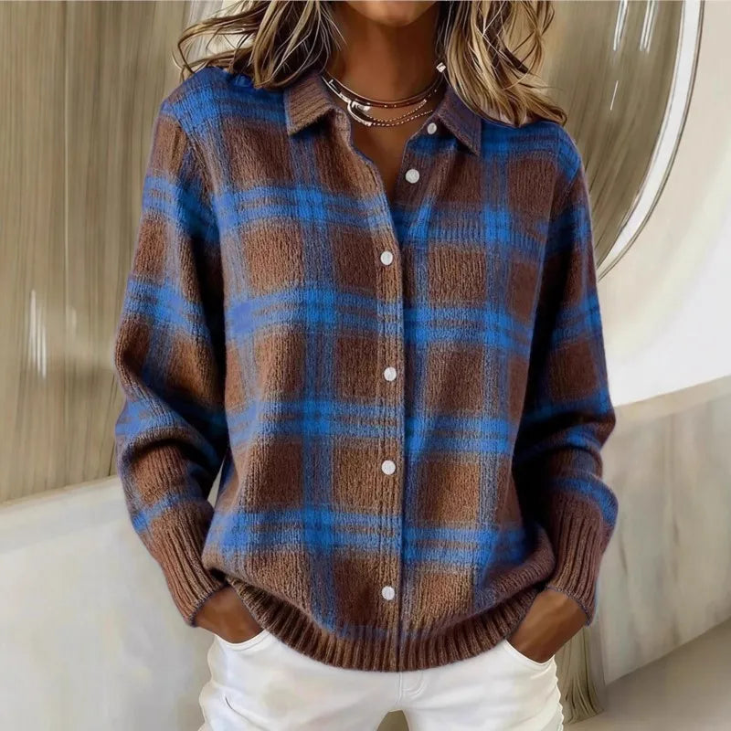 Damen Strickjacke mit Karomuster – Klassische Eleganz für Büro und Alltag